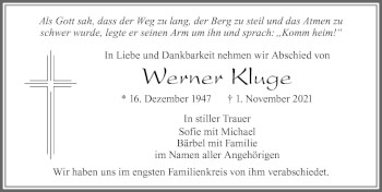 Traueranzeige von Werner Kluge von Allgäuer Zeitung, Füssen