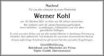 Traueranzeige von Werner Kohl von Allgäuer Zeitung,Kempten