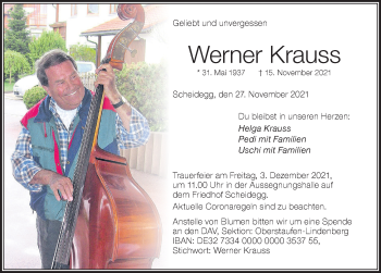 Traueranzeige von Werner Krauss von Der Westallgäuer