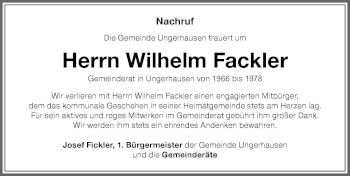 Traueranzeige von Wilhelm Fackler von Memminger Zeitung