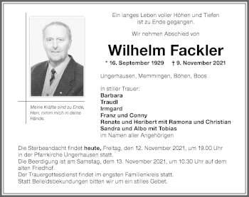 Traueranzeige von Wilhelm Fackler von Memminger Zeitung
