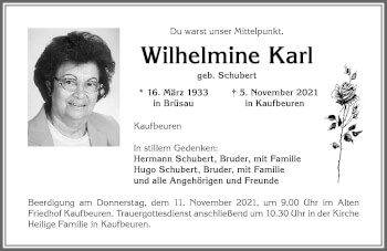 Traueranzeige von Wilhelmine Karl von Allgäuer Zeitung, Kaufbeuren/Buchloe