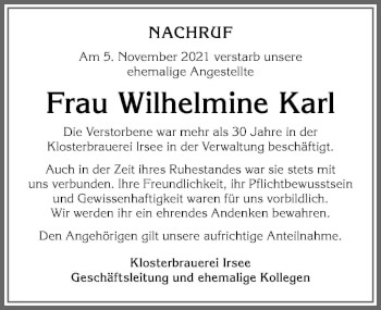 Traueranzeige von Wilhelmine Karl von Allgäuer Zeitung, Kaufbeuren/Buchloe
