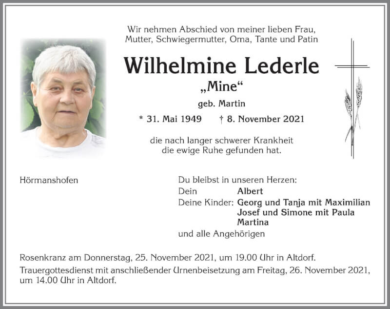  Traueranzeige für Wilhelmine Lederle vom 23.11.2021 aus Allgäuer Zeitung, Marktoberdorf