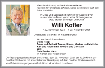 Traueranzeige von Willi Kofler von Memminger Zeitung