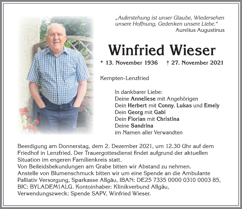  Traueranzeige für Winfried Wieser vom 30.11.2021 aus Allgäuer Zeitung,Kempten