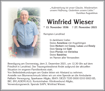 Traueranzeige von Winfried Wieser von Allgäuer Zeitung,Kempten
