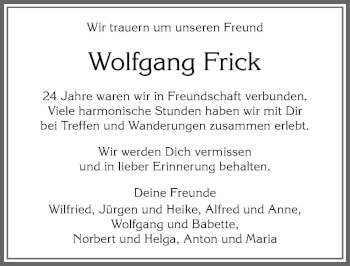 Traueranzeige von Wolfgang Frick von Allgäuer Anzeigeblatt
