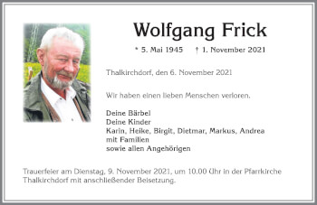 Traueranzeige von Wolfgang Frick von Allgäuer Anzeigeblatt