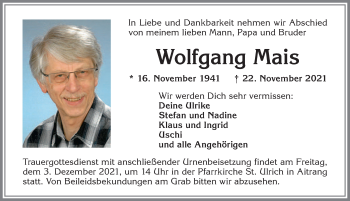 Traueranzeige von Wolfgang Mais von Allgäuer Zeitung, Marktoberdorf