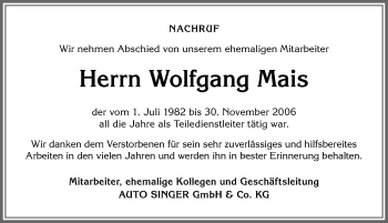 Traueranzeige von Wolfgang Mais von Allgäuer Zeitung, Marktoberdorf