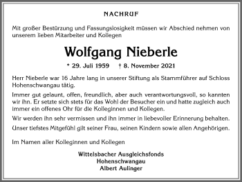 Traueranzeige von Wolfgang Nieberle von Allgäuer Zeitung, Füssen