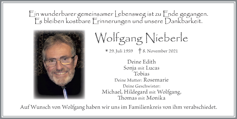  Traueranzeige für Wolfgang Nieberle vom 26.11.2021 aus Allgäuer Zeitung, Füssen