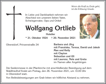 Traueranzeige von Wolfgang Ortlieb von Allgäuer Anzeigeblatt