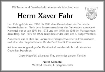 Traueranzeige von Xaver Fahr von Allgäuer Zeitung, Kaufbeuren/Buchloe