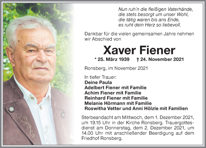  Traueranzeige für Xaver Fiener vom 30.11.2021 aus Allgäuer Zeitung, Marktoberdorf