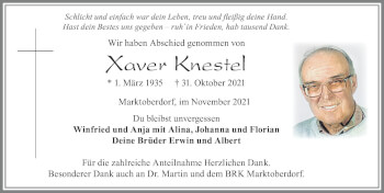 Traueranzeige von Xaver Knestel von Allgäuer Zeitung, Marktoberdorf