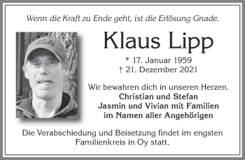Traueranzeige von Klaus Lipp 