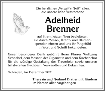 Traueranzeige von Adelheid Brenner von Allgäuer Zeitung, Füssen