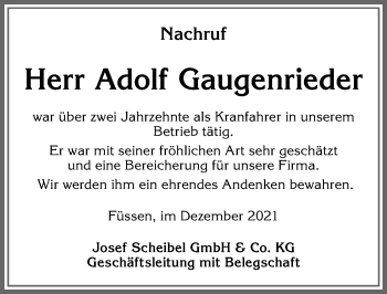 Traueranzeige von Adolf Gaugenrieder von Allgäuer Zeitung, Füssen