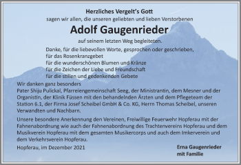 Traueranzeige von Adolf Gaugenrieder von Allgäuer Zeitung, Füssen