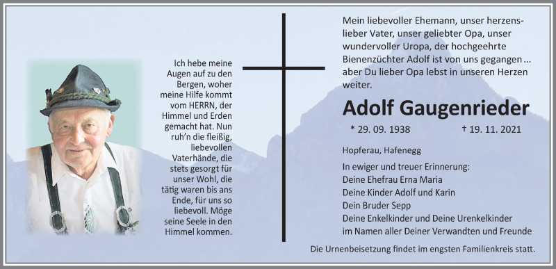  Traueranzeige für Adolf Gaugenrieder vom 03.12.2021 aus Allgäuer Zeitung, Füssen