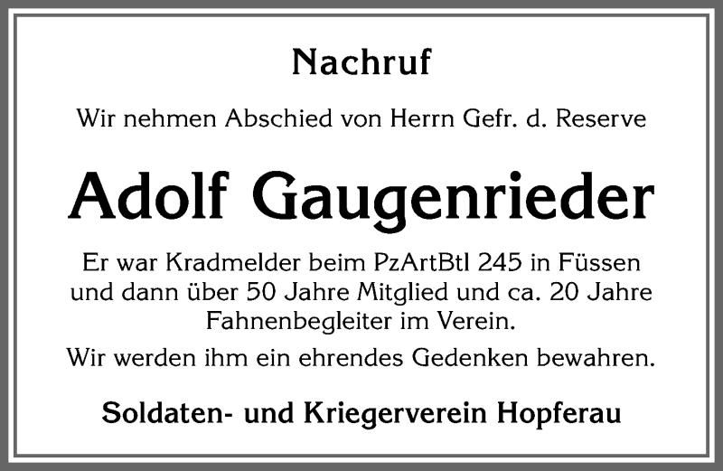  Traueranzeige für Adolf Gaugenrieder vom 14.12.2021 aus Allgäuer Zeitung, Füssen