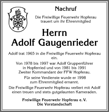 Traueranzeige von Adolf Gaugenrieder von Allgäuer Zeitung, Füssen