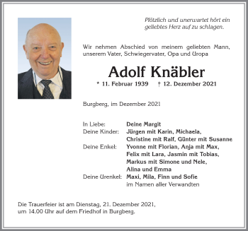 Traueranzeige von Adolf Knäbler von Allgäuer Anzeigeblatt