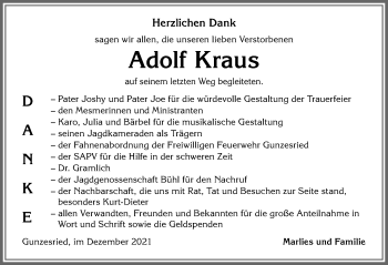 Traueranzeige von Adolf Kraus von Allgäuer Anzeigeblatt