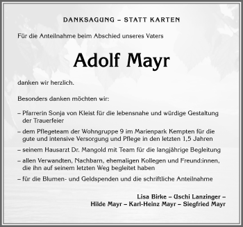 Traueranzeige von Adolf Mayr von Allgäuer Zeitung,Kempten