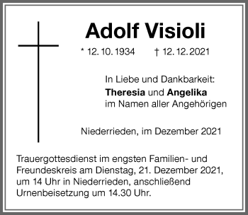 Traueranzeige von Adolf Visioli von Memminger Zeitung