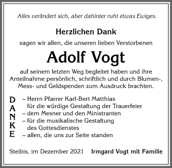Traueranzeige von Adolf Vogt von Allgäuer Anzeigeblatt