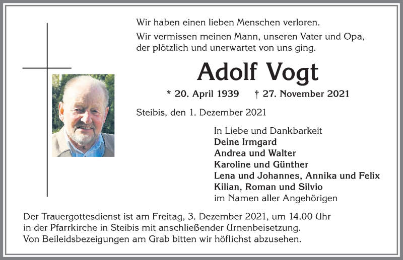  Traueranzeige für Adolf Vogt vom 01.12.2021 aus Allgäuer Anzeigeblatt