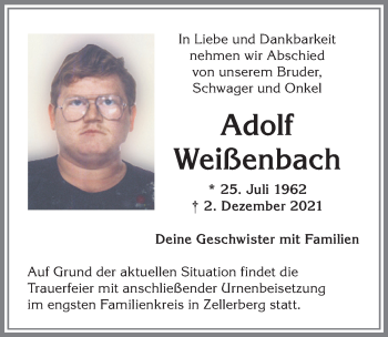 Traueranzeige von Adolf Weißenbach von Allgäuer Zeitung, Kaufbeuren/Buchloe