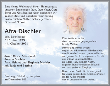 Traueranzeige von Afra Dischler von Memminger Zeitung