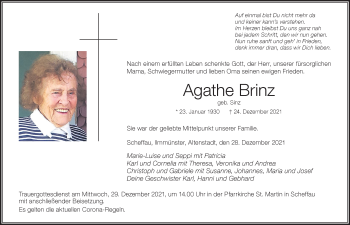 Traueranzeige von Agathe Brinz von Der Westallgäuer