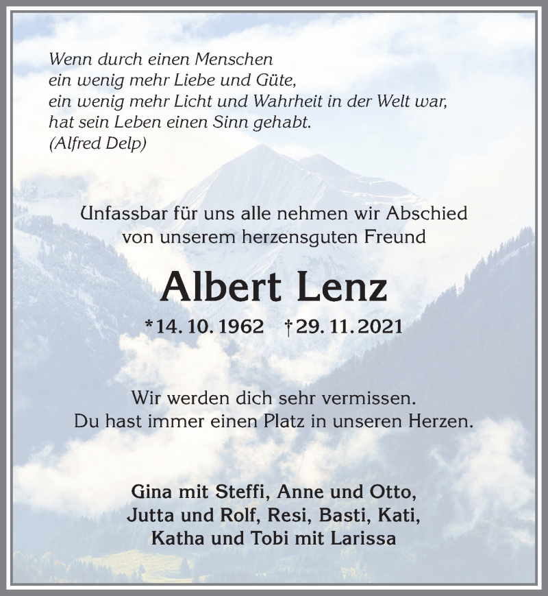  Traueranzeige für Albert Lenz vom 11.12.2021 aus Allgäuer Anzeigeblatt