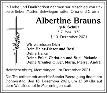 Traueranzeige von Albertine Brauns von Memminger Zeitung