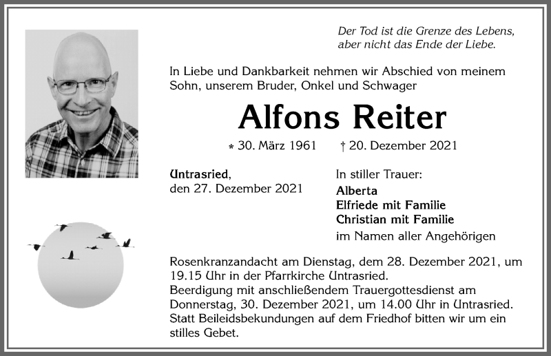  Traueranzeige für Alfons Reiter vom 27.12.2021 aus Allgäuer Zeitung, Marktoberdorf