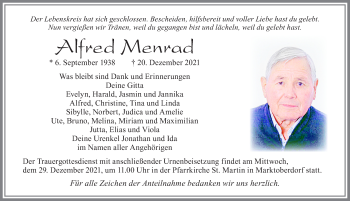 Traueranzeige von Alfred Menrad von Allgäuer Zeitung, Marktoberdorf