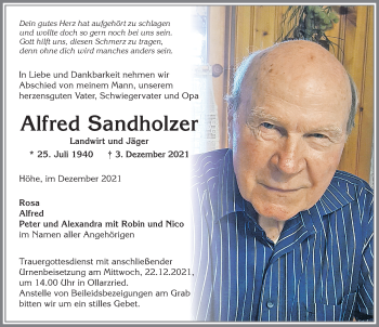 Traueranzeige von Alfred Sandholzer von Memminger Zeitung