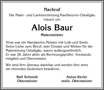 Traueranzeige von Alois Baur von Allgäuer Zeitung, Füssen