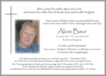 Traueranzeige von Alois Baur von Allgäuer Zeitung, Füssen