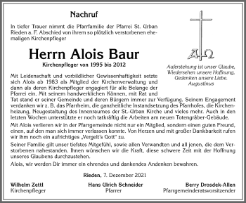 Traueranzeige von Alois Baur von Allgäuer Zeitung, Füssen