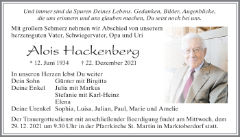 Traueranzeige von Alois Hackenberg von Allgäuer Zeitung, Marktoberdorf