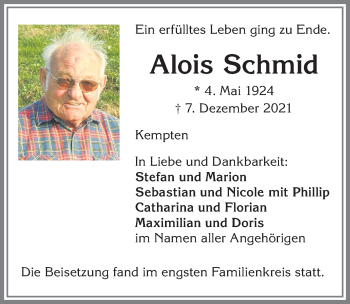 Traueranzeige von Alois Schmid von Allgäuer Zeitung,Kempten