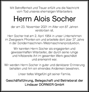 Traueranzeige von Alois Socher von Allgäuer Zeitung, Füssen