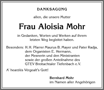 Traueranzeige von Aloisia Mohr von Allgäuer Anzeigeblatt
