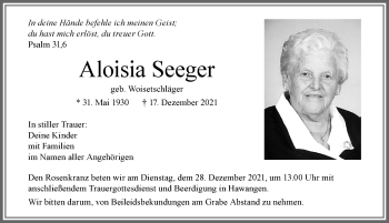 Traueranzeige von Aloisia Seeger von Memminger Zeitung
